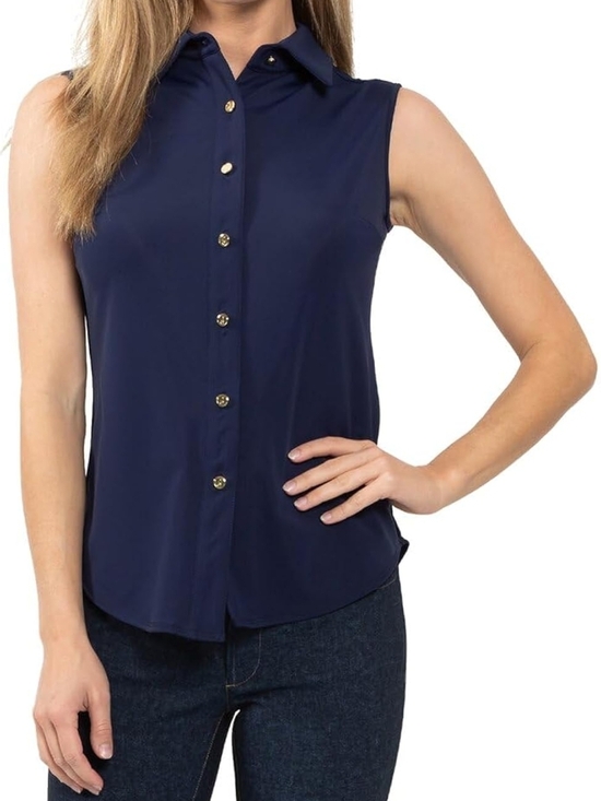 Jude Connally Tops - Jude Connally Kim Navy Sleeveless Button-Down Collared Top with Gold Buttons